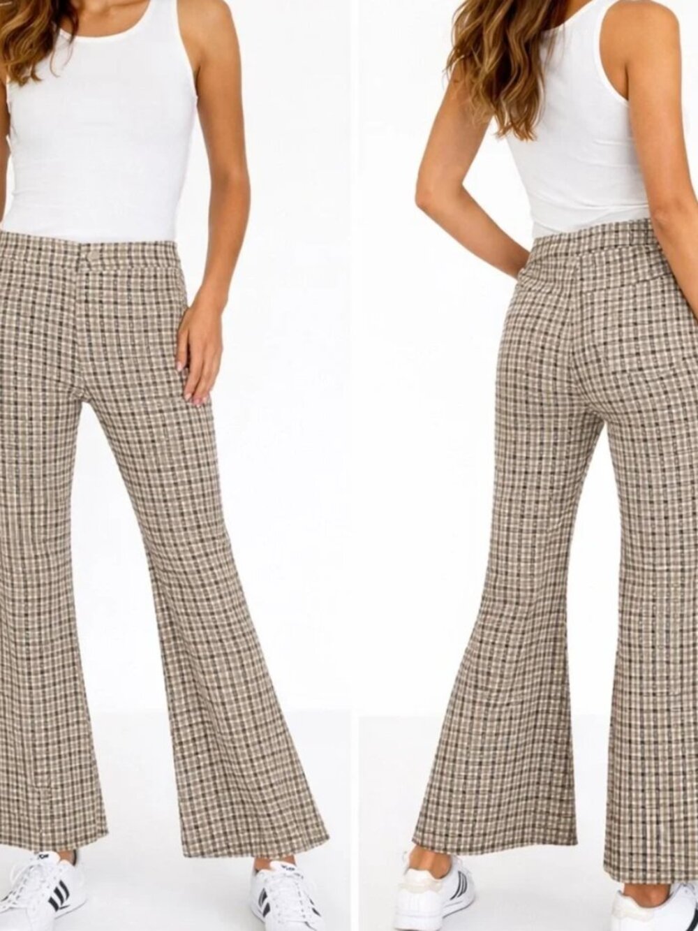 Miou Muse Plaid Flare Pants - High Rise Stretch Wide Leg - M